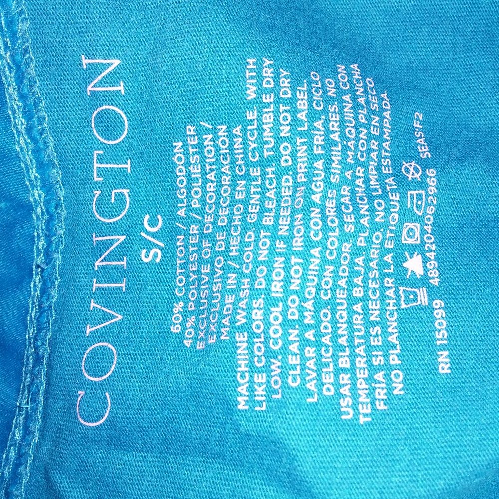 Covington T Shirt Small Blue V Neck Short Sleeve Pit to Pit 18" Length 24" Preow - Picture 7 of 8